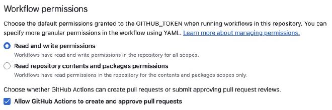 Screen capture of GitHub Workflow Permissions settings